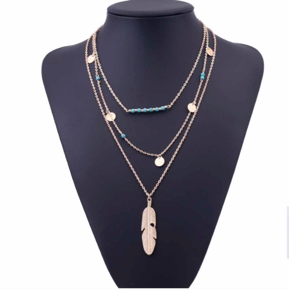3 Layer Boho Feather Necklace Gold Tone - Picture 2 of 5